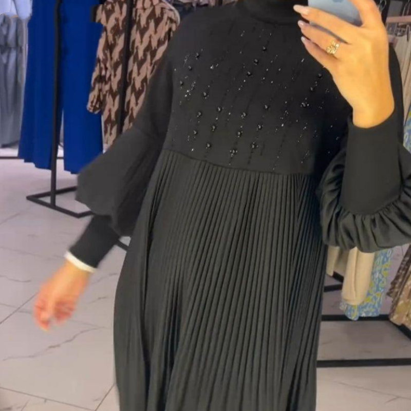 Women's Plus Size Lantern Sleeve Dress 👗✨ – Stand Collar, Flowy Fit for Casual/Party