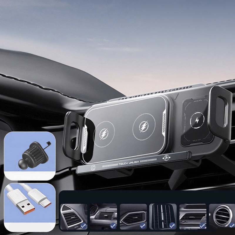 Car Phone Holder with Wireless Charger ⚡ – Stable for Foldable Phones & Easy 360° Adjust