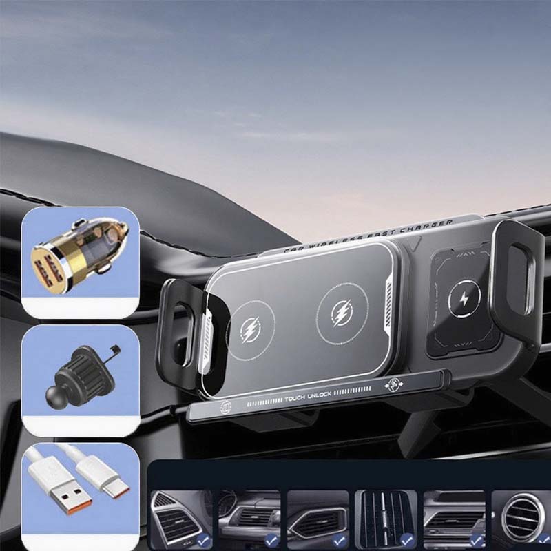 Car Phone Holder with Wireless Charger ⚡ – Stable for Foldable Phones & Easy 360° Adjust