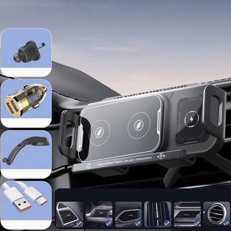 Car Phone Holder with Wireless Charger ⚡ – Stable for Foldable Phones & Easy 360° Adjust