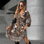 Elegant V-Neck Long-Sleeve Printed Dress 👗 – Figure-Flattering for Spring Tea/Date Nights