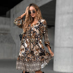 Elegant V-Neck Long-Sleeve Printed Dress 👗 – Figure-Flattering for Spring Tea/Date Nights