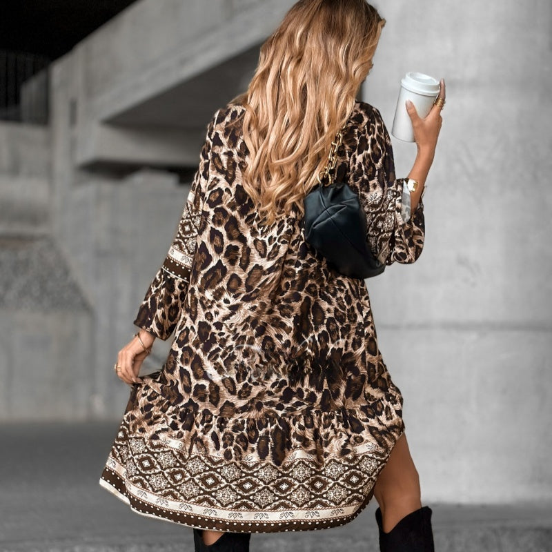 Elegant V-Neck Long-Sleeve Printed Dress 👗 – Figure-Flattering for Spring Tea/Date Nights