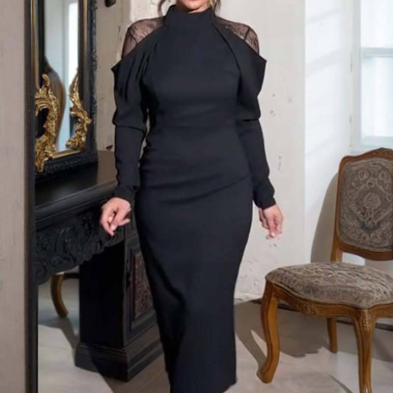 👗 Women's Elegant Mock Neck Dress – Lace Back, cleverly designed, midi length enhances proportions, suitable for both dating and commuting with elegance.