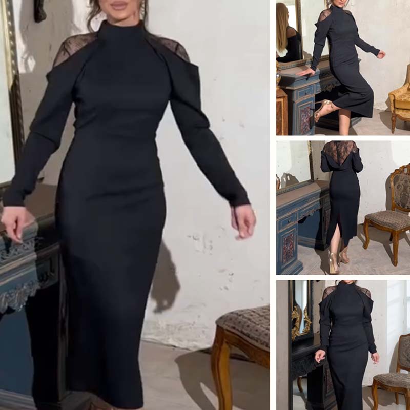 👗 Women's Elegant Mock Neck Dress – Lace Back, cleverly designed, midi length enhances proportions, suitable for both dating and commuting with elegance.