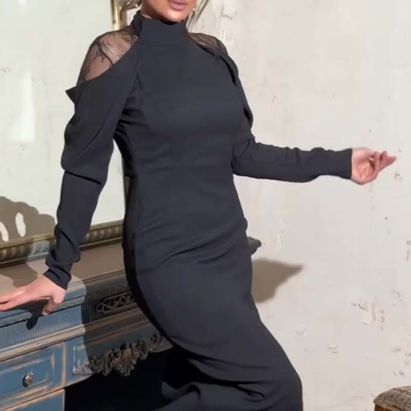 👗 Women's Elegant Mock Neck Dress – Lace Back, cleverly designed, midi length enhances proportions, suitable for both dating and commuting with elegance.