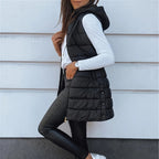 ✨ Women’s Long Puffer Vest (Zip-Up) – Easy to put on and take off with a zipper, long length for waist protection and warmth, ideal for layering in autumn and winter.