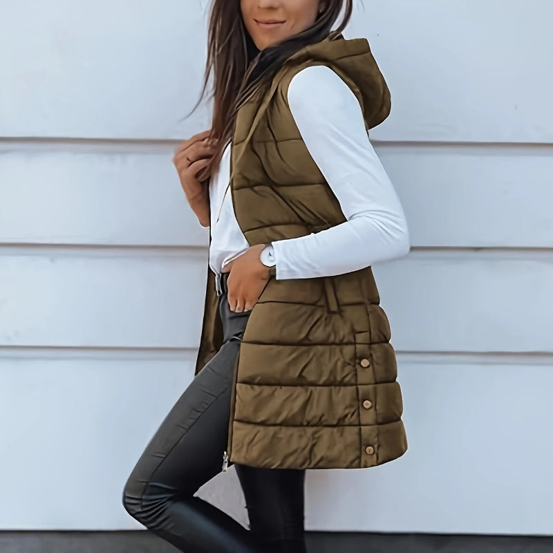 ✨ Women’s Long Puffer Vest (Zip-Up) – Easy to put on and take off with a zipper, long length for waist protection and warmth, ideal for layering in autumn and winter.