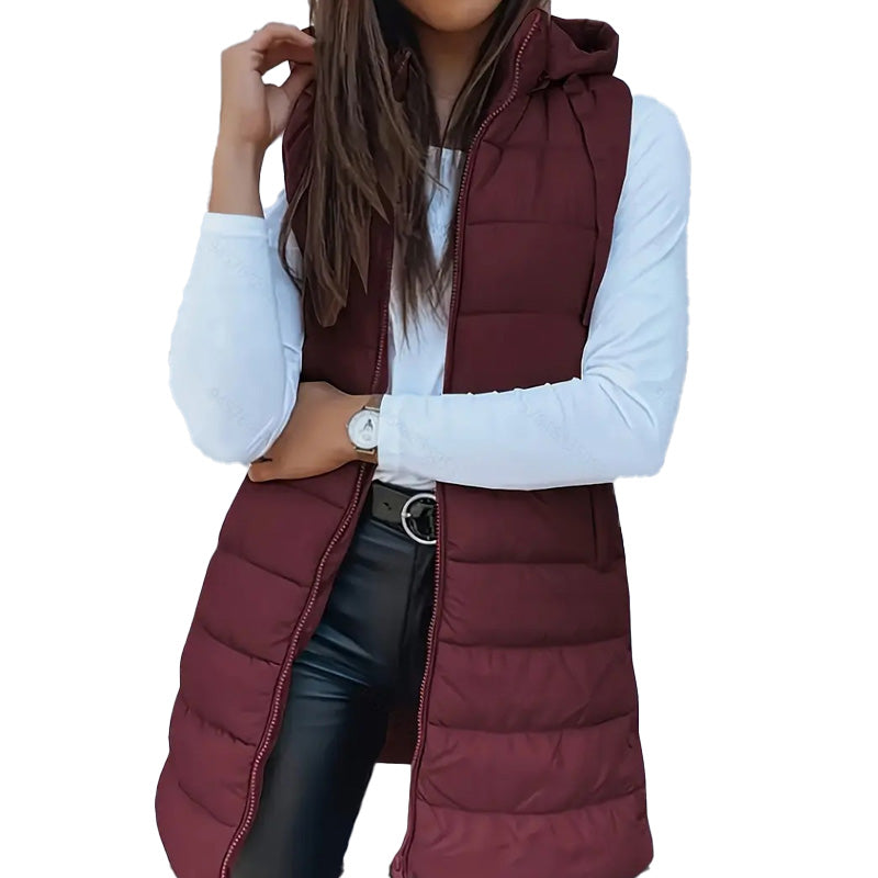 ✨ Women’s Long Puffer Vest (Zip-Up) – Easy to put on and take off with a zipper, long length for waist protection and warmth, ideal for layering in autumn and winter.