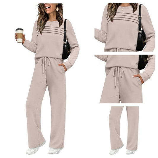 👖Women's Crew Neck Top + Drawstring Pants Set – Soft Fabric for Relaxed Daily Vibes