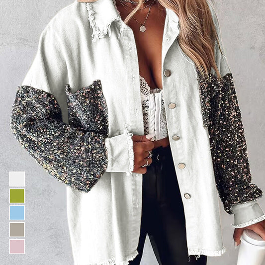 Women's Trendy Sequin Patchwork Coat with Raw Hem | Glittery for Fall/Winter Party ✨🧥