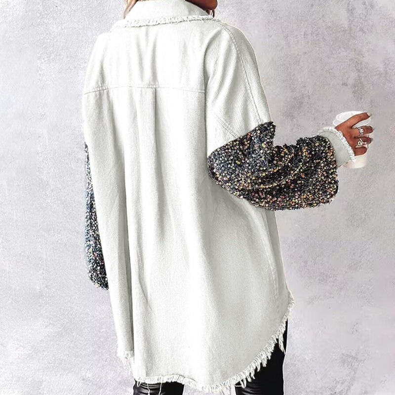 Women's Trendy Sequin Patchwork Coat with Raw Hem | Glittery for Fall/Winter Party ✨🧥