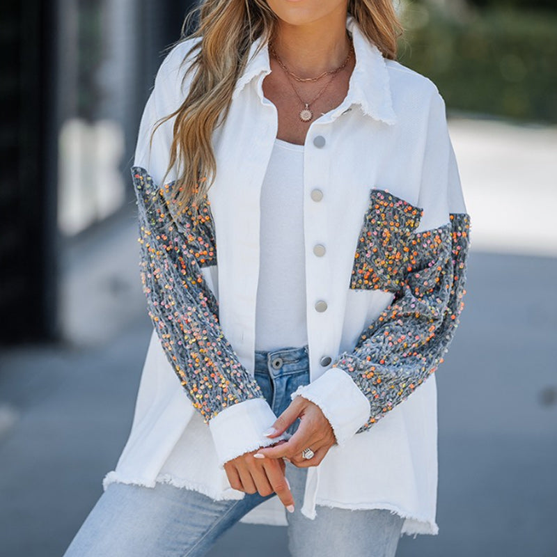 Women's Trendy Sequin Patchwork Coat with Raw Hem | Glittery for Fall/Winter Party ✨🧥