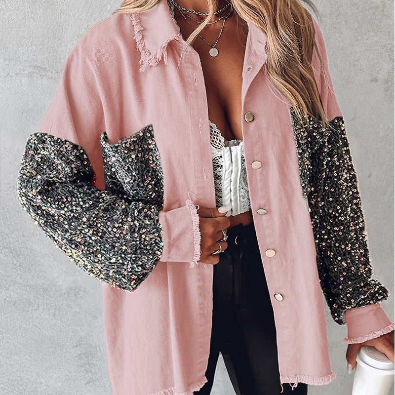 Women's Trendy Sequin Patchwork Coat with Raw Hem | Glittery for Fall/Winter Party ✨🧥