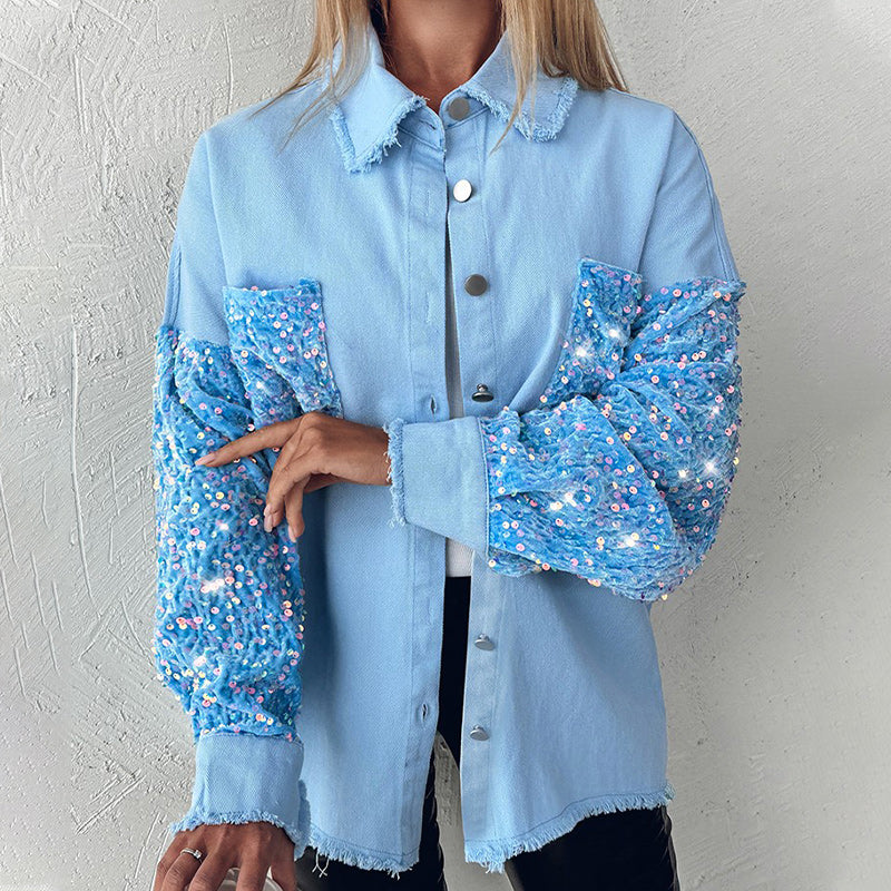 Women's Trendy Sequin Patchwork Coat with Raw Hem | Glittery for Fall/Winter Party ✨🧥