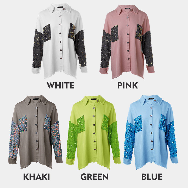 Women's Trendy Sequin Patchwork Coat with Raw Hem | Glittery for Fall/Winter Party ✨🧥