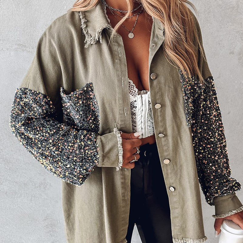 Women's Trendy Sequin Patchwork Coat with Raw Hem | Glittery for Fall/Winter Party ✨🧥
