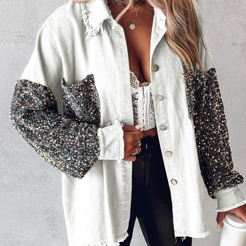 Women's Trendy Sequin Patchwork Coat with Raw Hem | Glittery for Fall/Winter Party ✨🧥