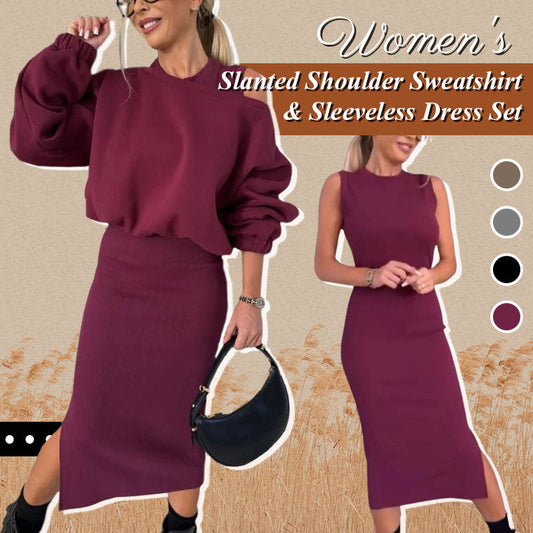 Stylish Women's Slanted Shoulder Sweatshirt + Sleeveless Dress Set - Casual Chic Outfit 🎀