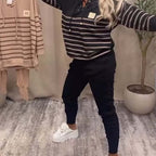 ✨ Casual Striped Top & Ankle-Length Pants Set – High-Waisted Pants for Slimming, Versatile for Daily/Errands/Lounge