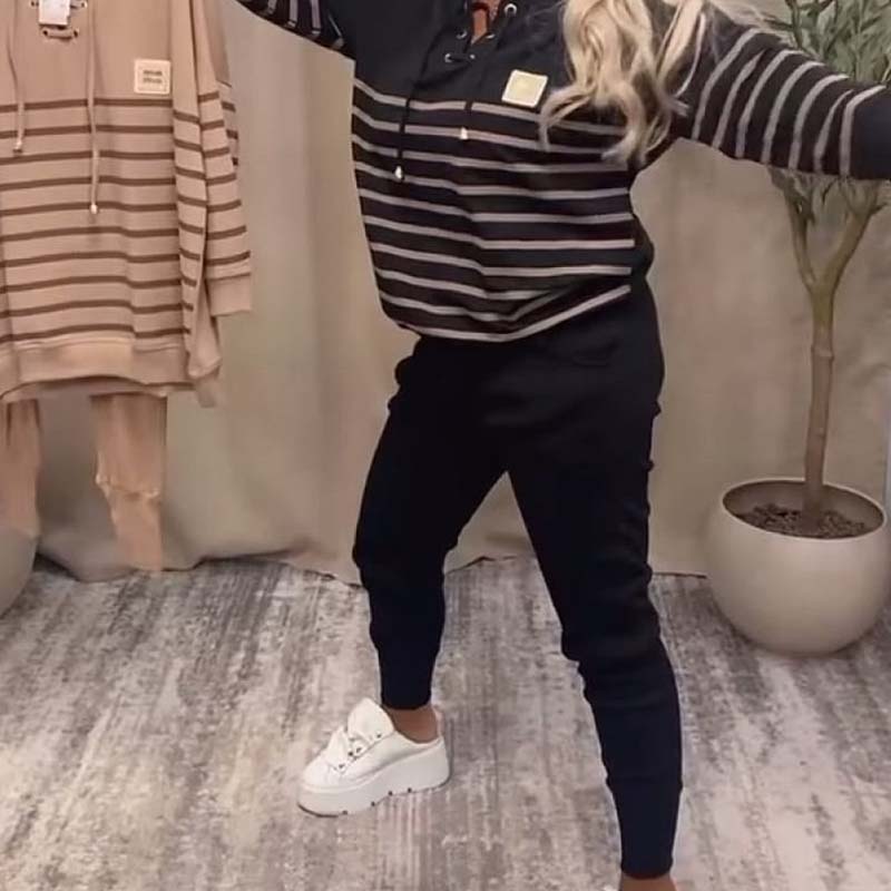 ✨ Casual Striped Top & Ankle-Length Pants Set – High-Waisted Pants for Slimming, Versatile for Daily/Errands/Lounge