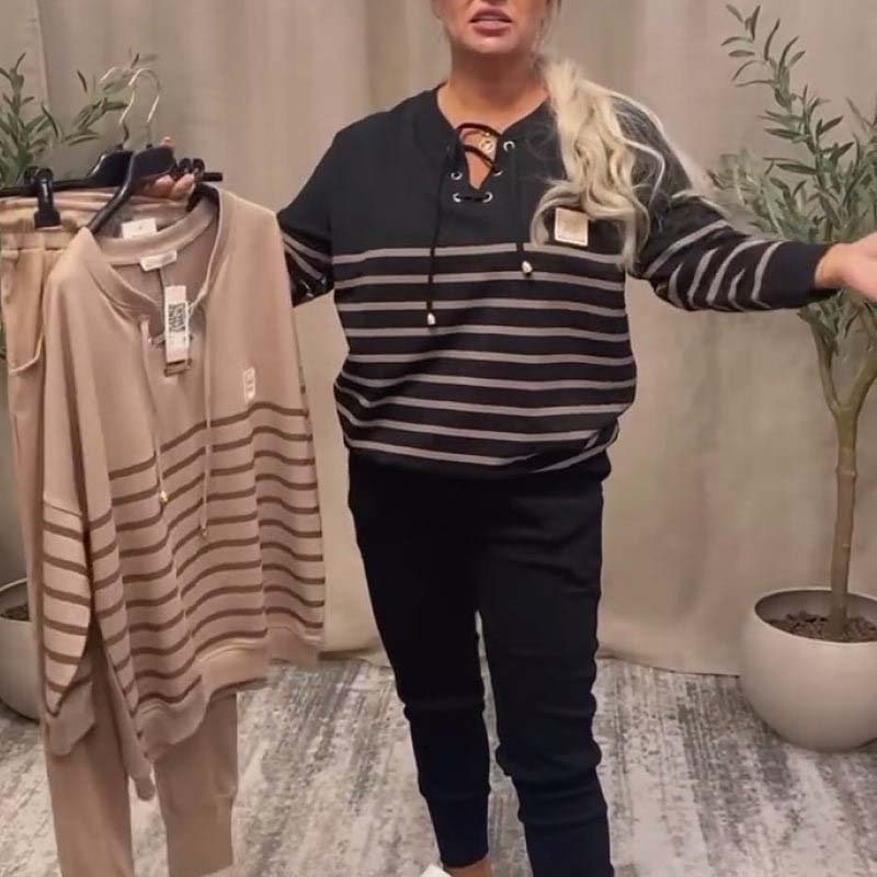 ✨ Casual Striped Top & Ankle-Length Pants Set – High-Waisted Pants for Slimming, Versatile for Daily/Errands/Lounge