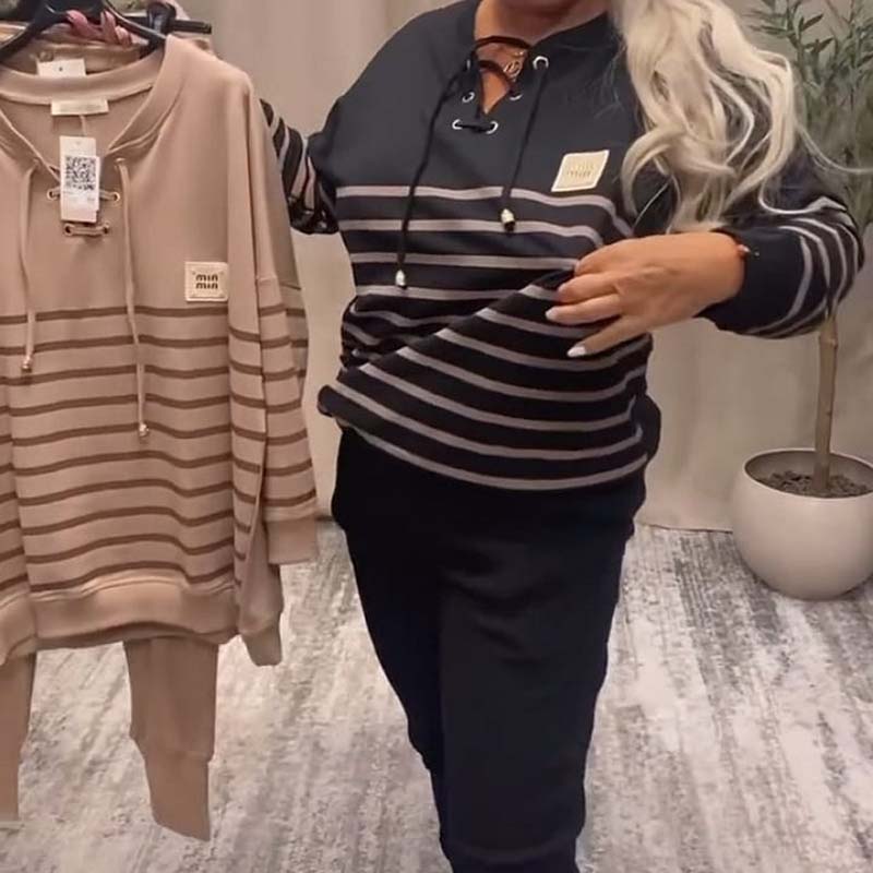 ✨ Casual Striped Top & Ankle-Length Pants Set – High-Waisted Pants for Slimming, Versatile for Daily/Errands/Lounge