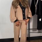 Women's Puff Sleeve Color-Block V-Neck Top ＆ Pants 2-Piece Set