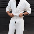 Men's Retro Casual Lapel Top & Drawstring Pants Set – Cotton-Linen Blend, Relaxed Fit for Weekend Brunch & Daily Errands