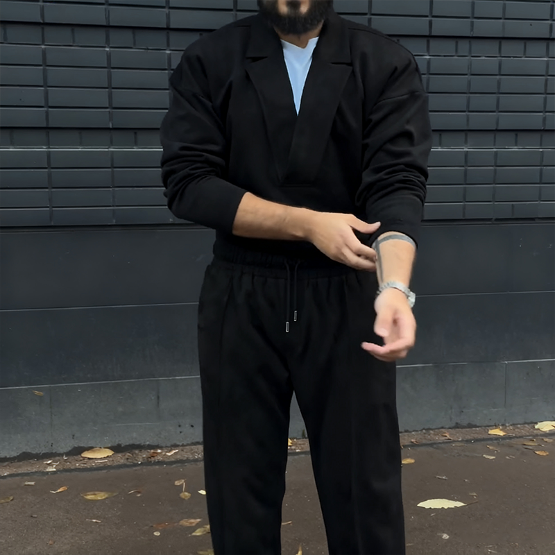 Men's Retro Casual Lapel Top & Drawstring Pants Set – Cotton-Linen Blend, Relaxed Fit for Weekend Brunch & Daily Errands