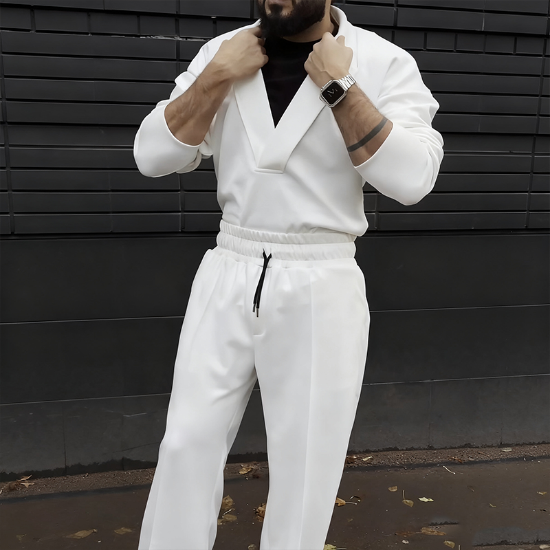 Men's Retro Casual Lapel Top & Drawstring Pants Set – Cotton-Linen Blend, Relaxed Fit for Weekend Brunch & Daily Errands