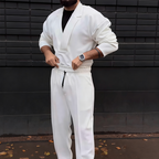 Men's Retro Casual Lapel Top & Drawstring Pants Set – Cotton-Linen Blend, Relaxed Fit for Weekend Brunch & Daily Errands