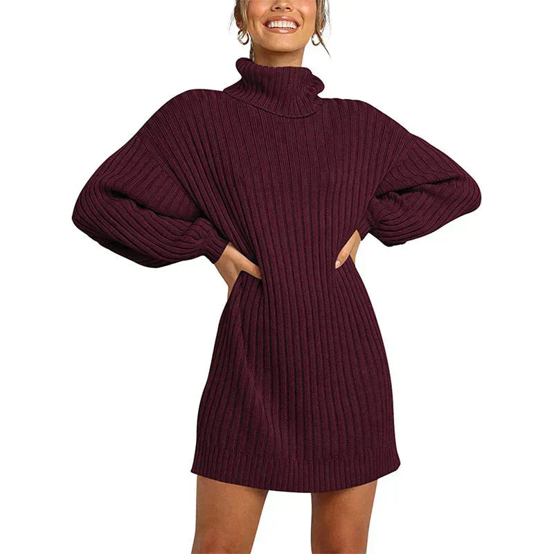 🌟Hot Sale 49% OFF🌟Women's Turtleneck Long Lantern Sleeve Loose Sweater Dress