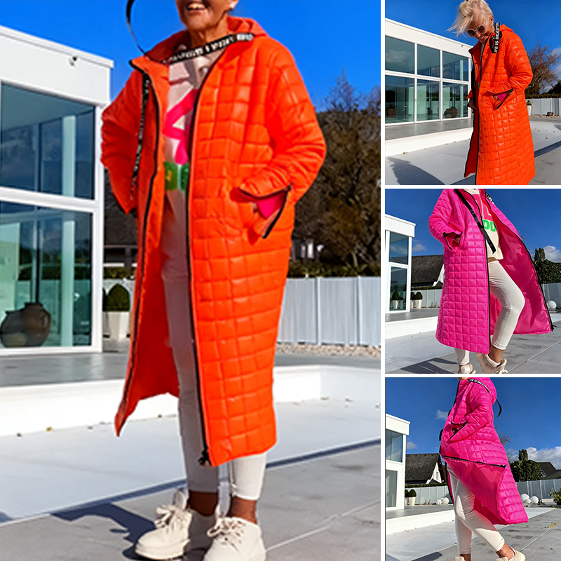 🎀 Elegant Long Quilted Hooded Down Coat – Slim Waist Design, Warm & Stylish, Elevate Winter Outfits!