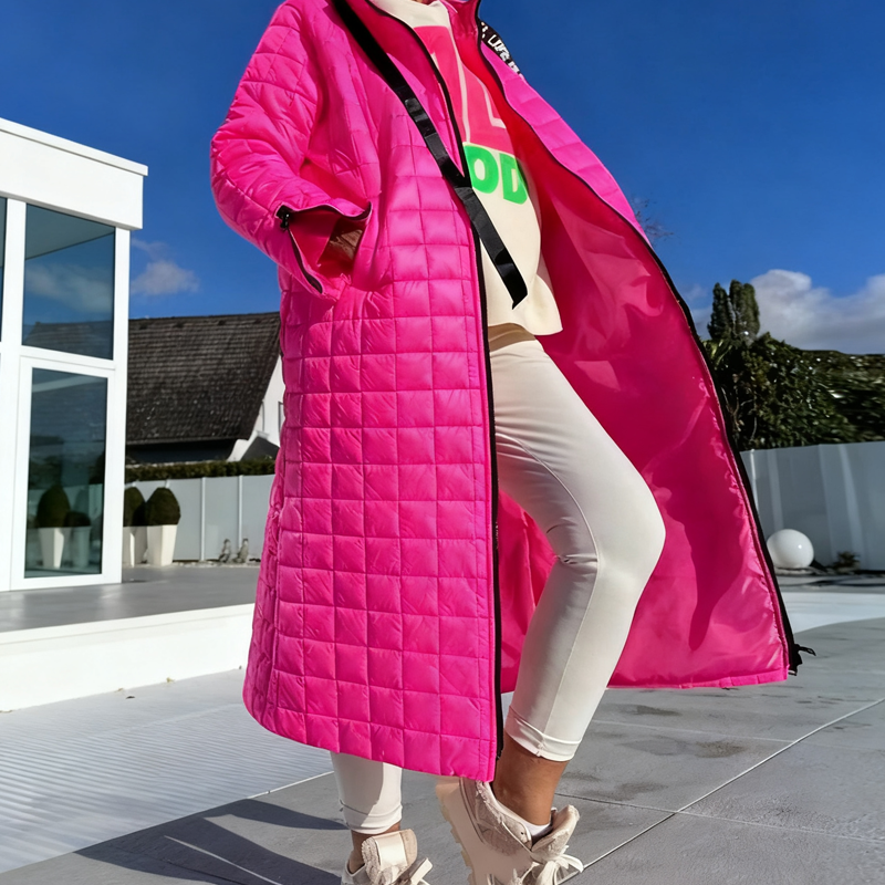 🎀 Elegant Long Quilted Hooded Down Coat – Slim Waist Design, Warm & Stylish, Elevate Winter Outfits!