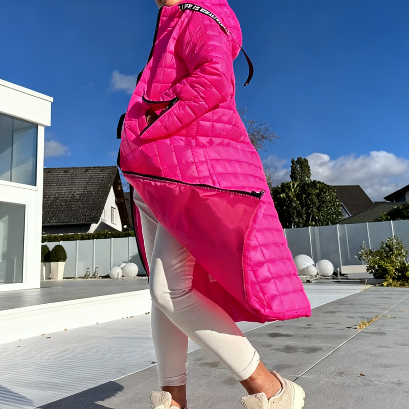 🎀 Elegant Long Quilted Hooded Down Coat – Slim Waist Design, Warm & Stylish, Elevate Winter Outfits!