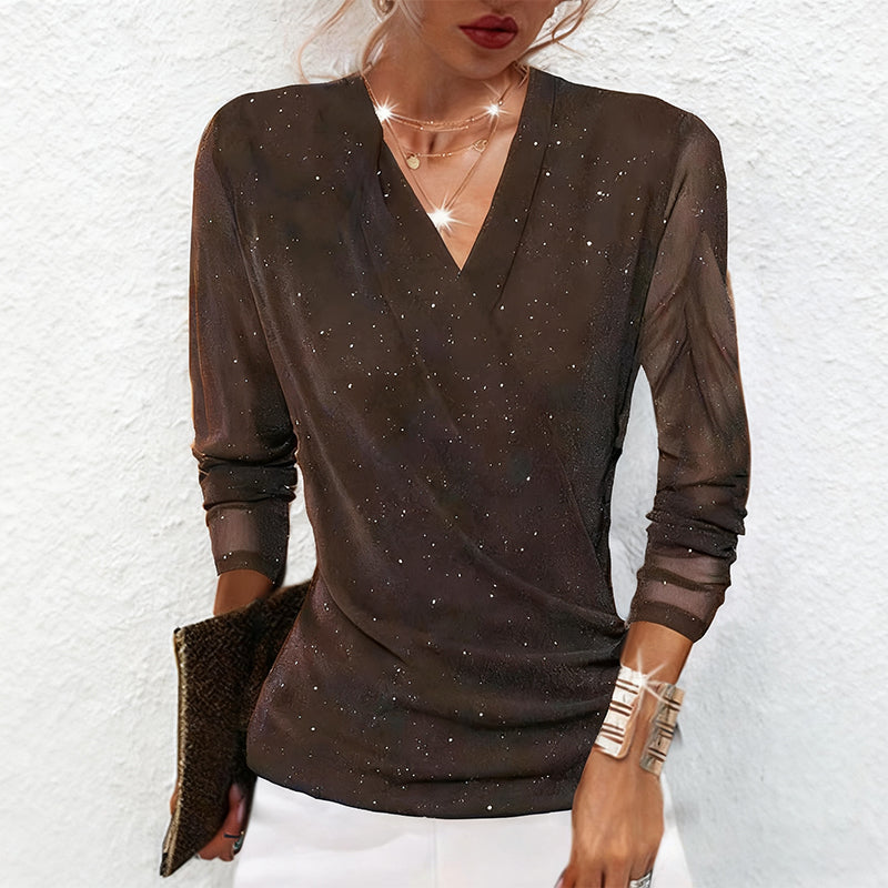 ✨ Women's Sparkle Long Sleeve Crossover Top – Warm Fabric & Slimming V-Neck, Festive & Daily Style!