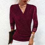 ✨ Women's Sparkle Long Sleeve Crossover Top – Warm Fabric & Slimming V-Neck, Festive & Daily Style!
