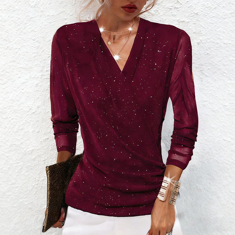 ✨ Women's Sparkle Long Sleeve Crossover Top – Warm Fabric & Slimming V-Neck, Festive & Daily Style!