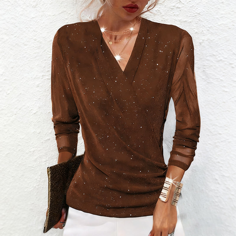 ✨ Women's Sparkle Long Sleeve Crossover Top – Warm Fabric & Slimming V-Neck, Festive & Daily Style!