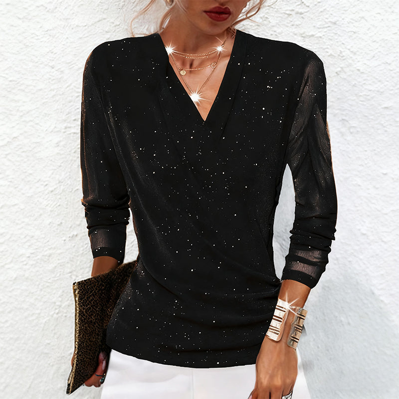 ✨ Women's Sparkle Long Sleeve Crossover Top – Warm Fabric & Slimming V-Neck, Festive & Daily Style!