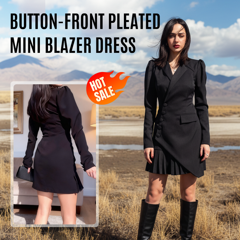 ✨ Button-Front Pleated Mini Blazer Dress – Sharp Tailoring & Playful Pleats, Perfect for Office & Dates!
