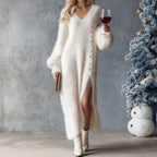 🦌 Festive Reindeer Side Slit Dress – Knit Comfort & Cute Holiday Print, Christmas Party Showstopper!