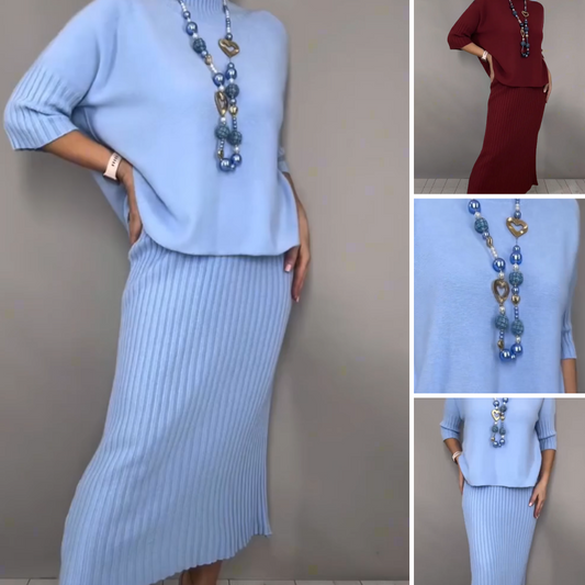 🧶 Elegant Knit Sweater & Midi Skirt 2-Piece Set - Soft Skin-Friendly Fabric for Daily Wear
