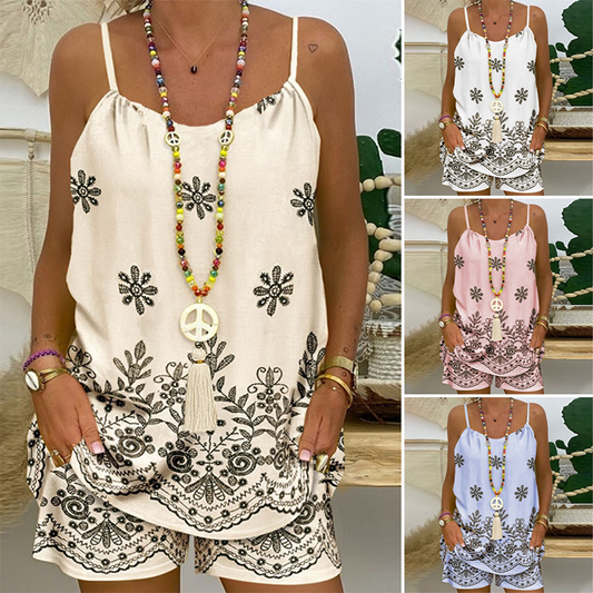 Heute stark reduziert!🔥Modisches Damen Druckset, Spaghettiträger Top + Shorts