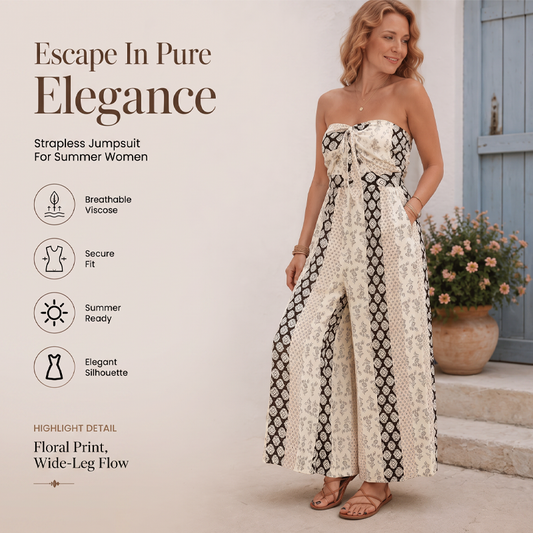 Damen-Jumpsuit mit großem Bein, trägerloser geometrischer Bedruckung