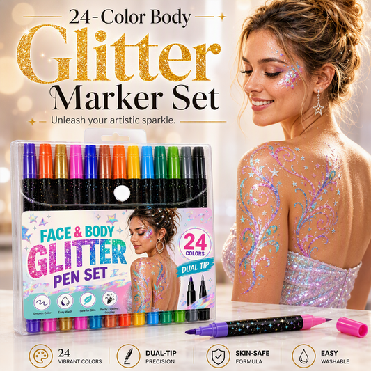 🎨 50% RABATT!✨ 24‑Farben Glitzer‑Marker‑Set mit Doppelspitze für Gesicht und Körper, lebendige Farben für Party‑Make‑up⭐