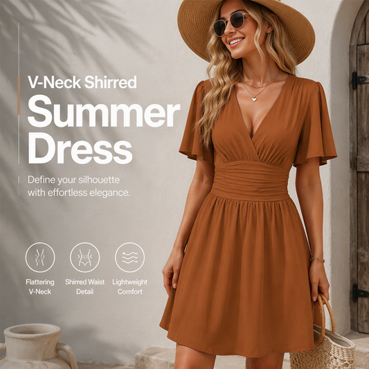 Women's Deep V-Neck Ruffle Sleeve Dress